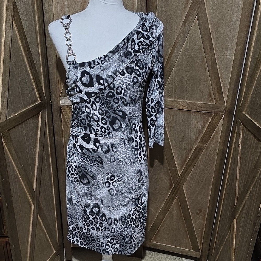 Vintage Cache Jeweled One-Shoulder Leopard Print Midi Dress Size Medium